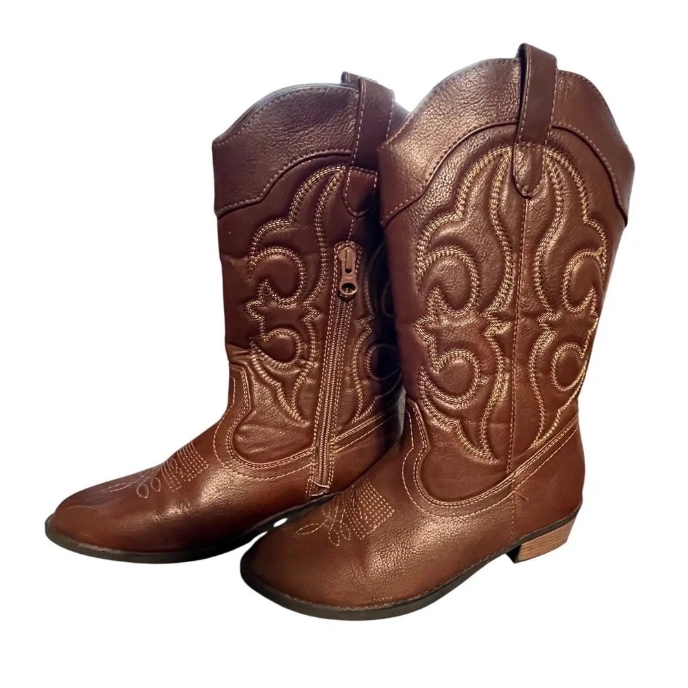 Cat and Jack Kids Brown Faux‎ Leather Western Cowboy Boots Size 3 Side Zip